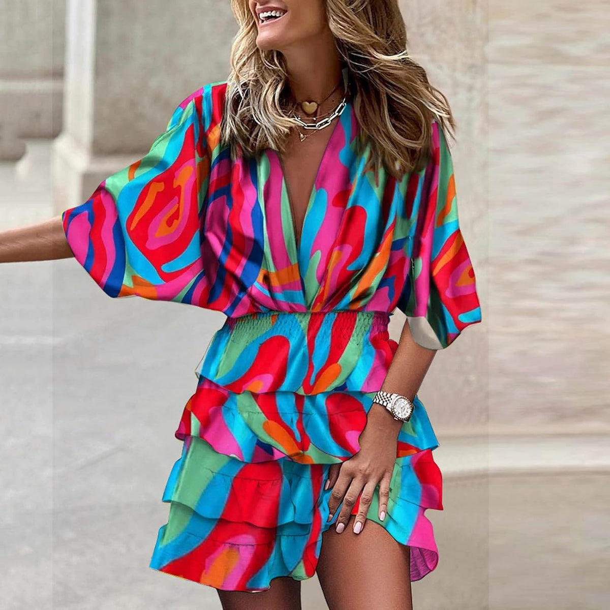 Vestido feminino midi evasê com decote V franzido e babados