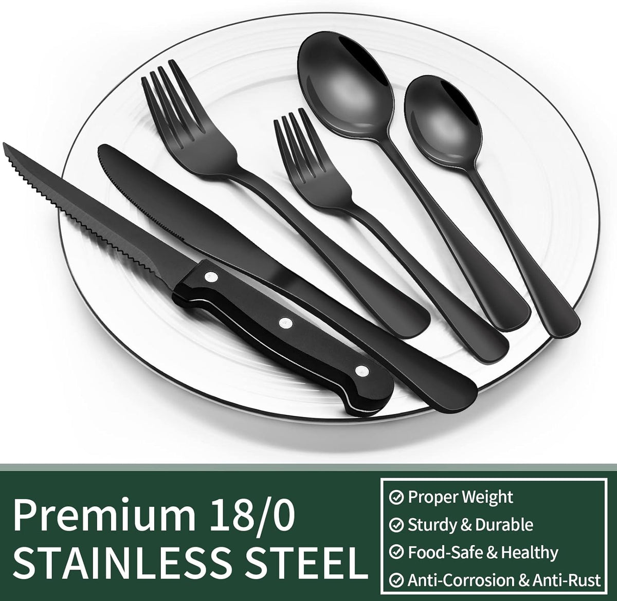 Conjunto de talheres pretos 24 peças aço inoxidável para 4 pessoas, moderno