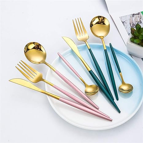 Conjunto de talheres 24 peças aço inoxidável com acabamento ouro e prata, alto brilho