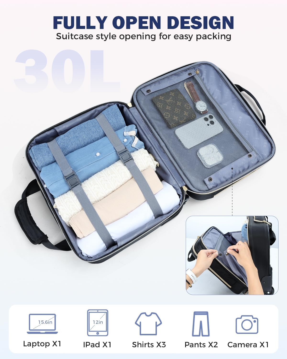 Mala de rodas para laptop 15,6" com múltiplos compartimentos, aprovada para voo, poliéster impermeável
