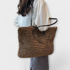 Bolsa de palha trançada feminina de ombro com alça firme