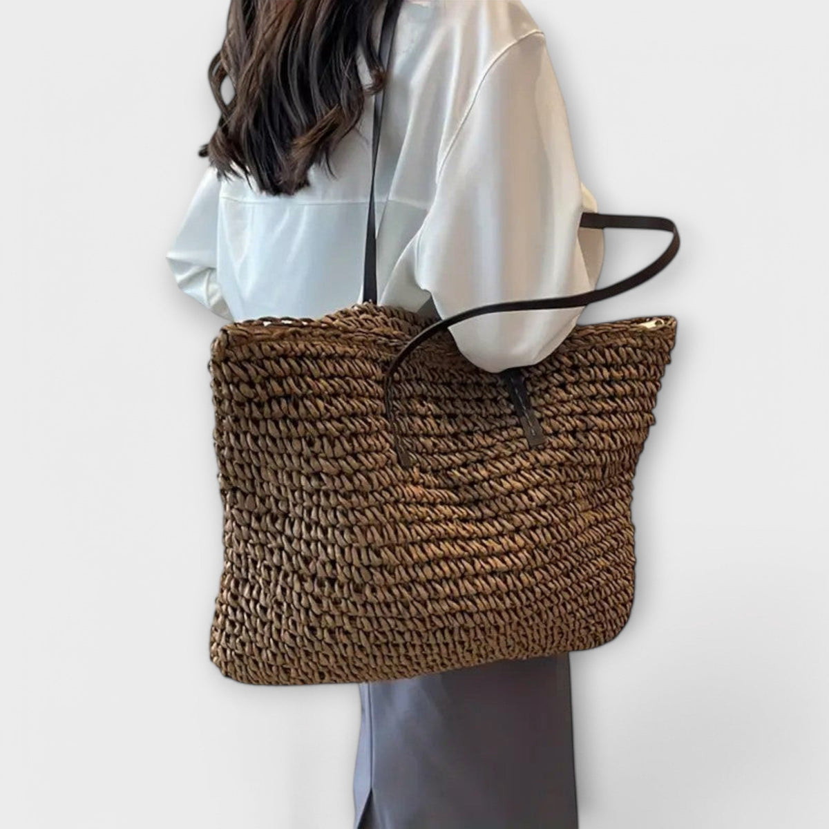 Bolsa de palha trançada feminina de ombro com alça firme