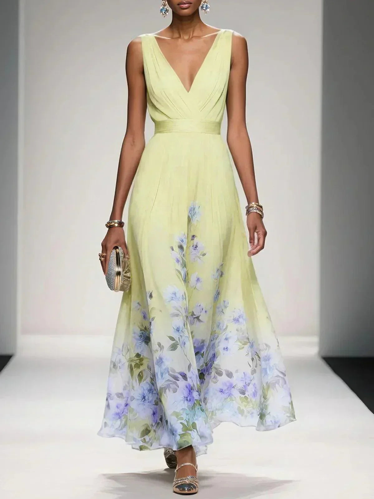 Vestido floral convidada de casamento com decote V e silhueta evasê fluida