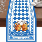 Caminho de mesa Oktoberfest padrão losango azul e branco com motivos bávaros 33×183 cm