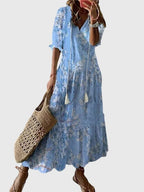 Vestido feminino boho estampado com decote V leve e estampa vintage