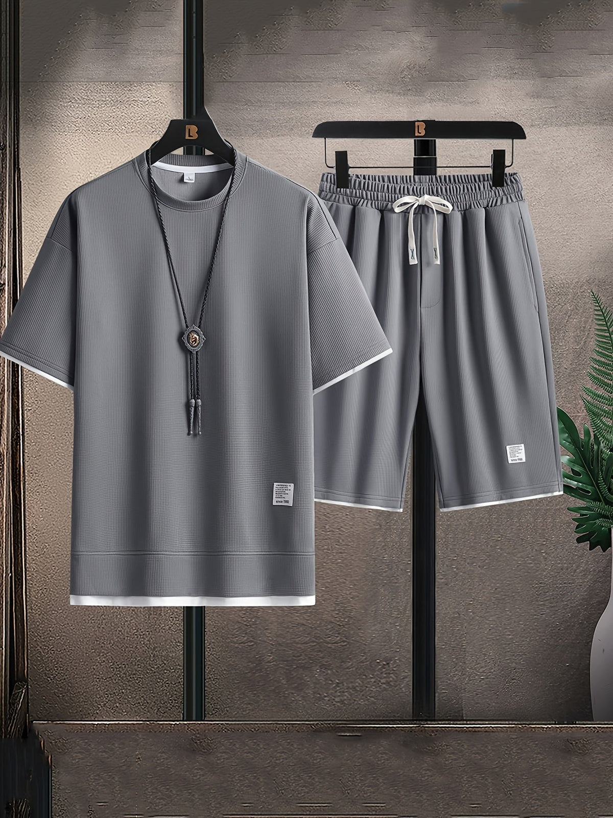 Conjunto masculino de duas peças em tecido waffle, fit relaxado e respirável