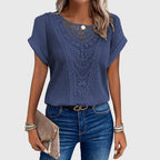 Blusa feminina malha rendada decote redondo mangas curtas