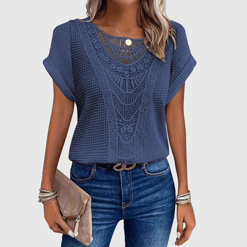 Blusa feminina malha rendada decote redondo mangas curtas