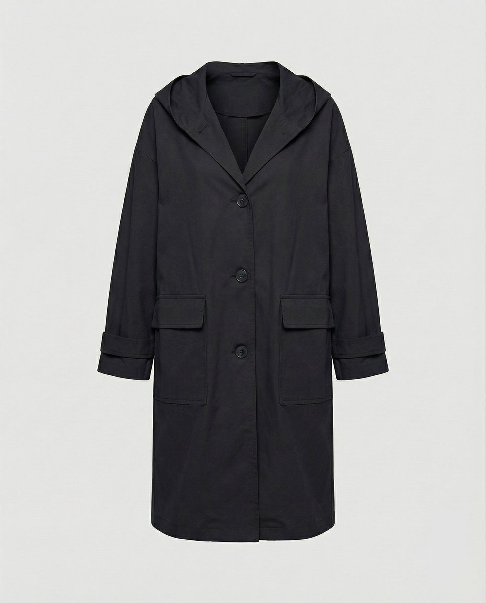 Gabardine impermeável com capuz longa para mulher, corte elegante
