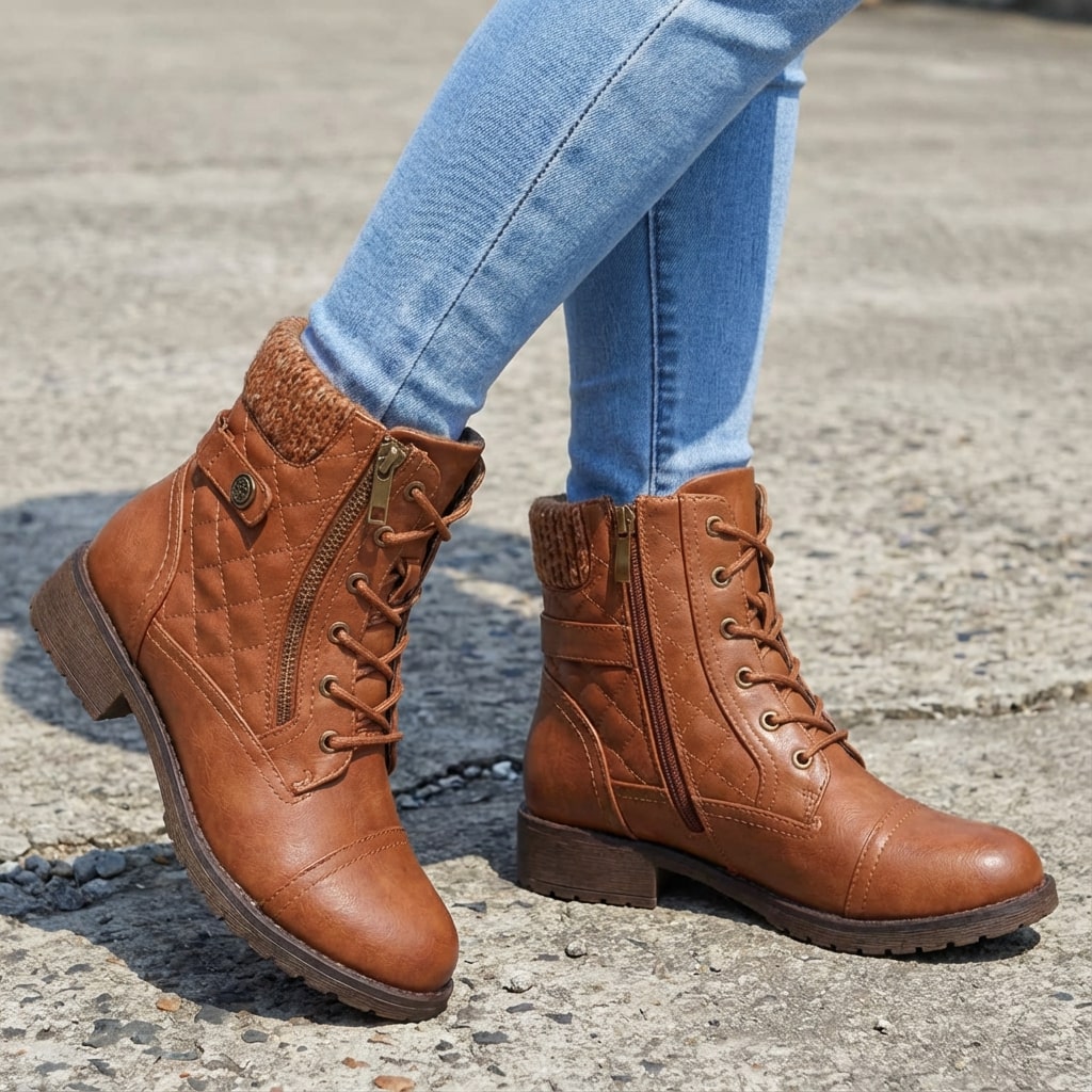 Botins de couro femininos com salto bloco baixo e zíper lateral