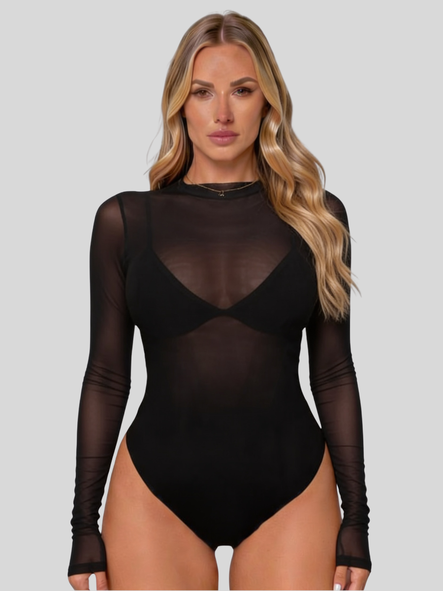 Body feminino em rede transparente com gola alta e manga longa, efeito second-skin nude
