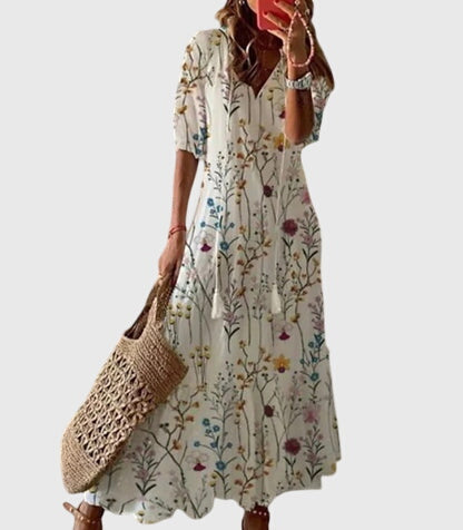 Vestido feminino boho estampado com decote V leve e estampa vintage