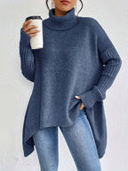 Camisola feminina gola alta bainha assimétrica outono