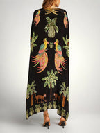 Vestido feminino estampa coqueiro ombro caído com detalhe de lantejoulas