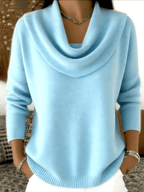Camisola feminina lã merino gola cowl drapeada corte relaxado