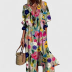 Vestido maxi feminino boho estampado com meia manga em cores vibrantes