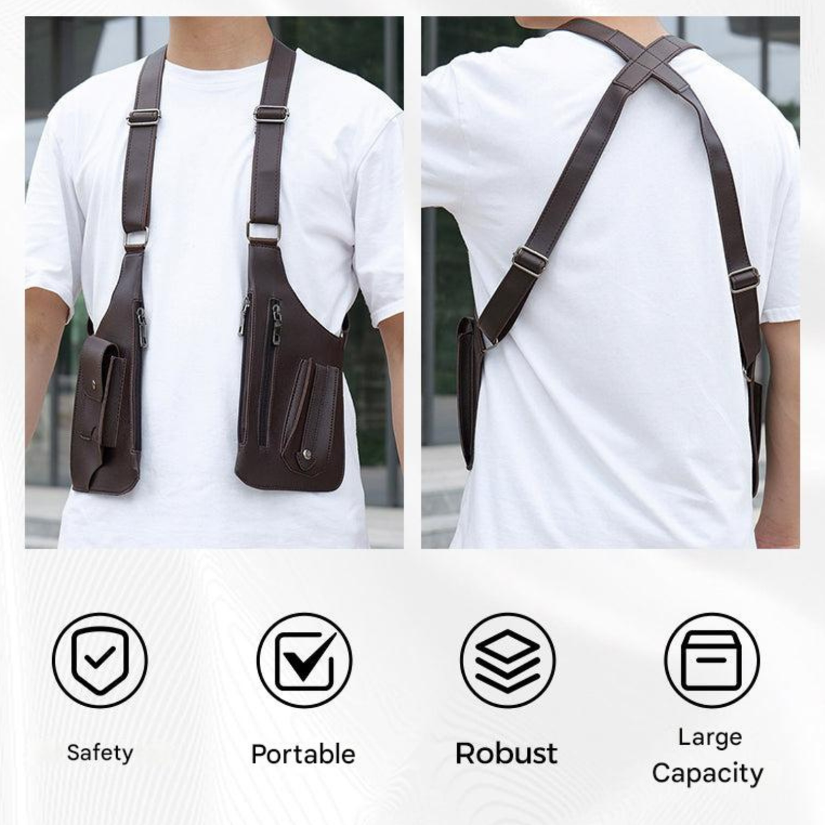 Bolsa tiracolo masculina antifurto com fechos ocultos e fecho magnético