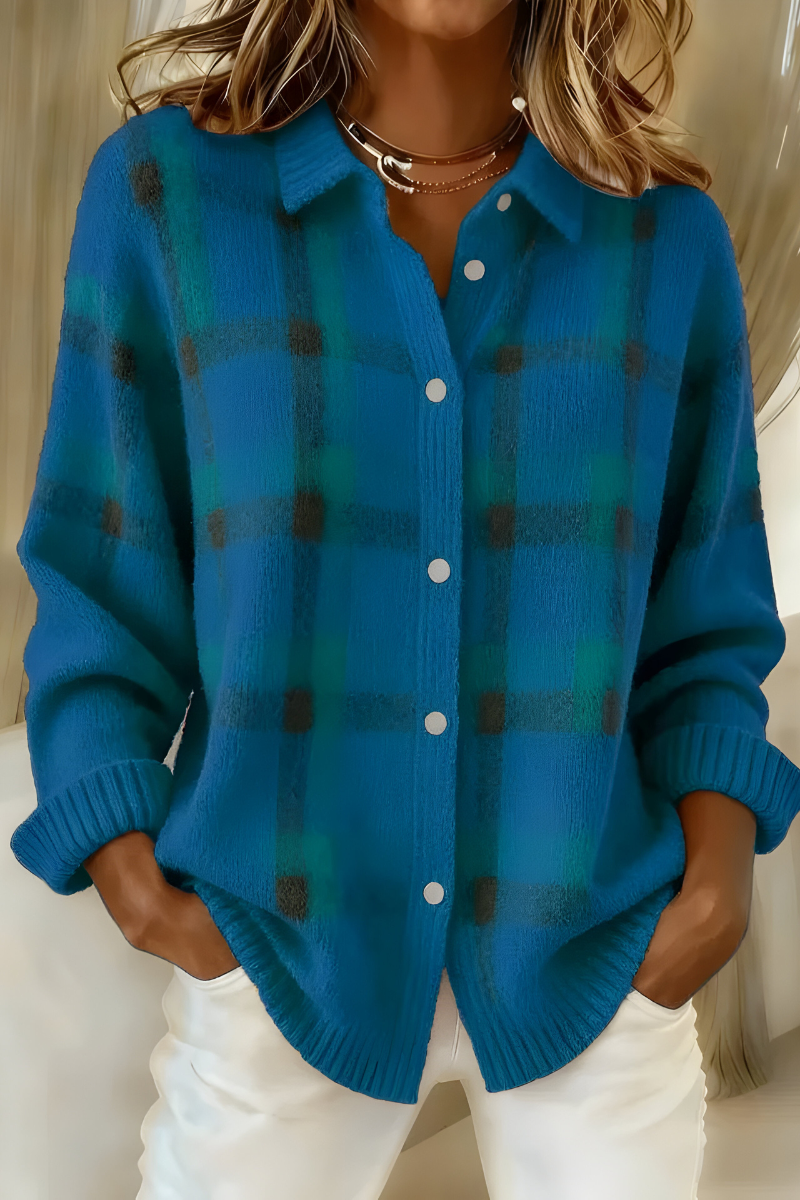 Cardigan feminino tricot xadrez com corte relaxado, estilo retro outono inverno