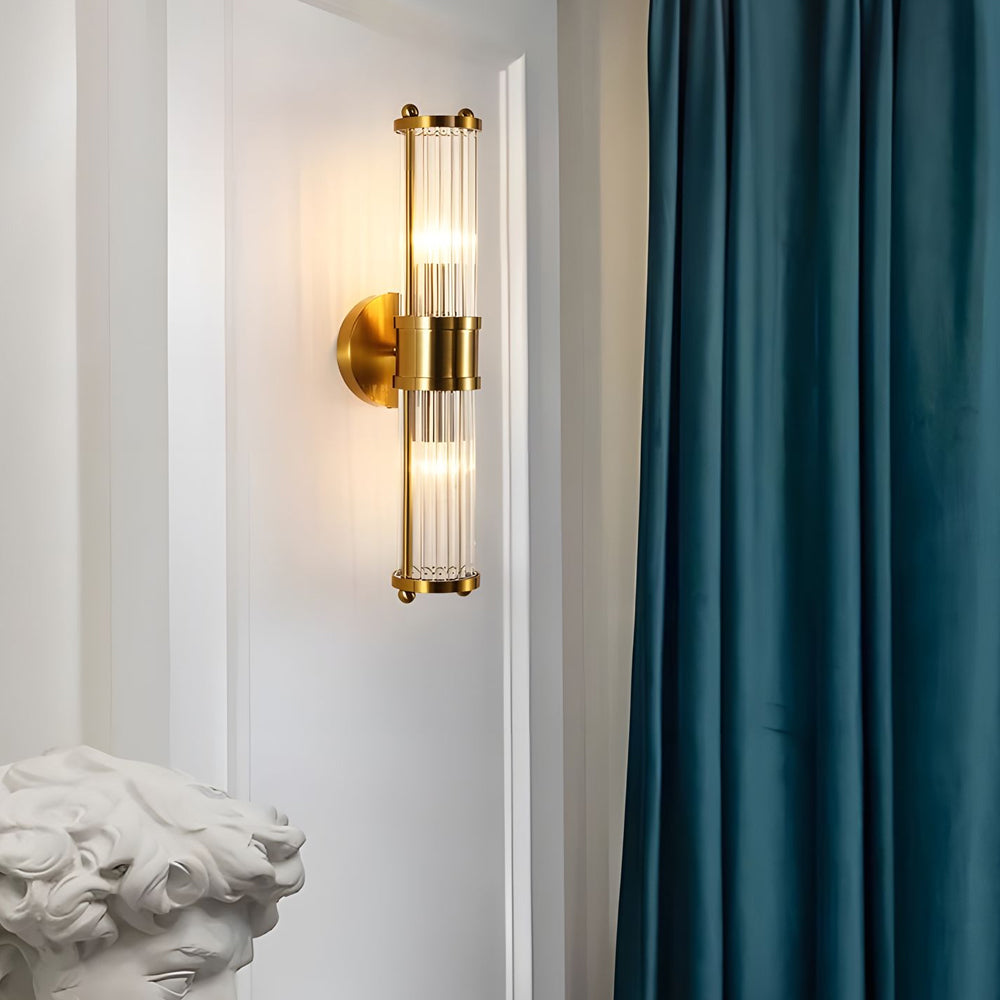 Candeeiro de parede moderno com vidro cilíndrico canelado em acabamento cromado e dourado, 1 ou 2 luzes