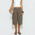 Calções cargo femininos camuflados longline corte largo wide-leg