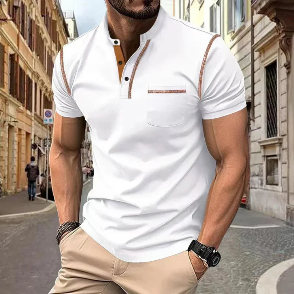 Polo masculino casual e versátil, corte regular, blend de algodão, manga curta