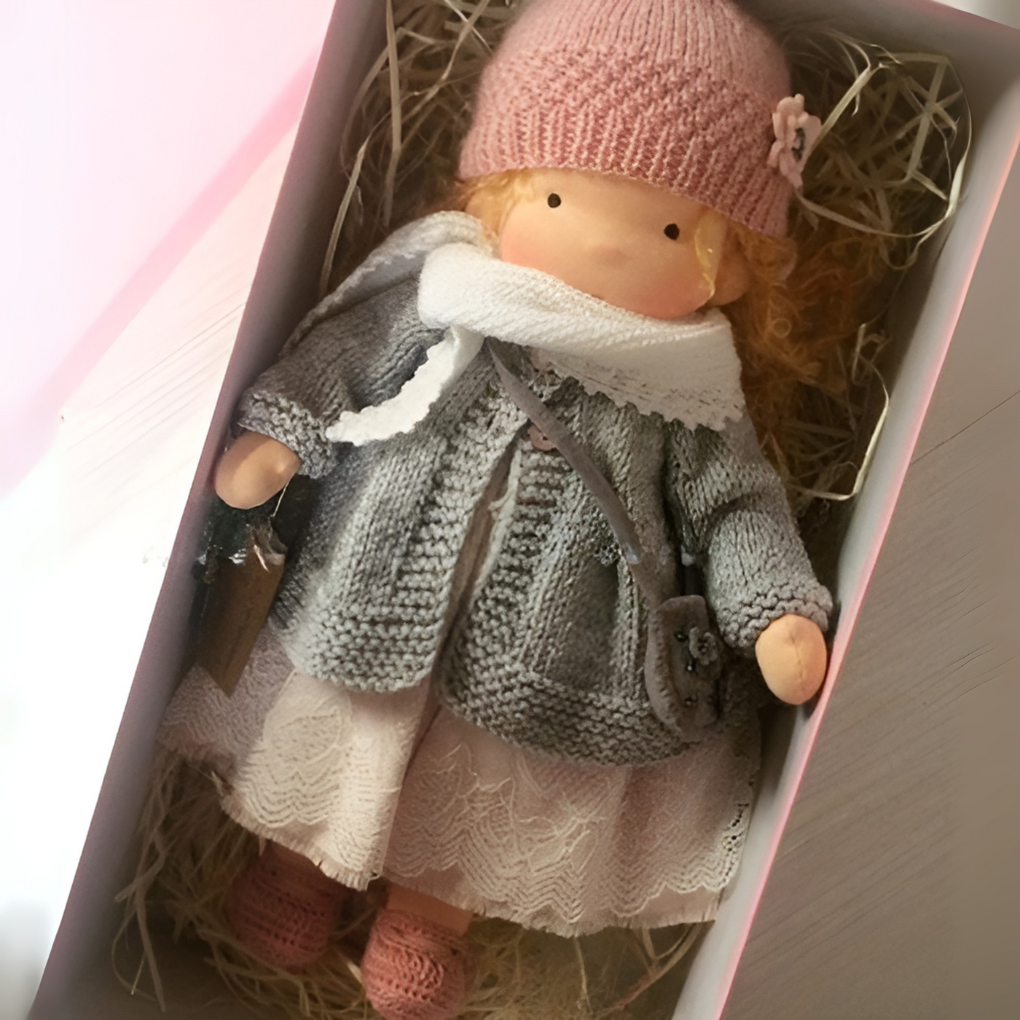Boneca Waldorf artesanal em algodão e lã natural, suave, para bebés e crianças a partir dos 2 anos