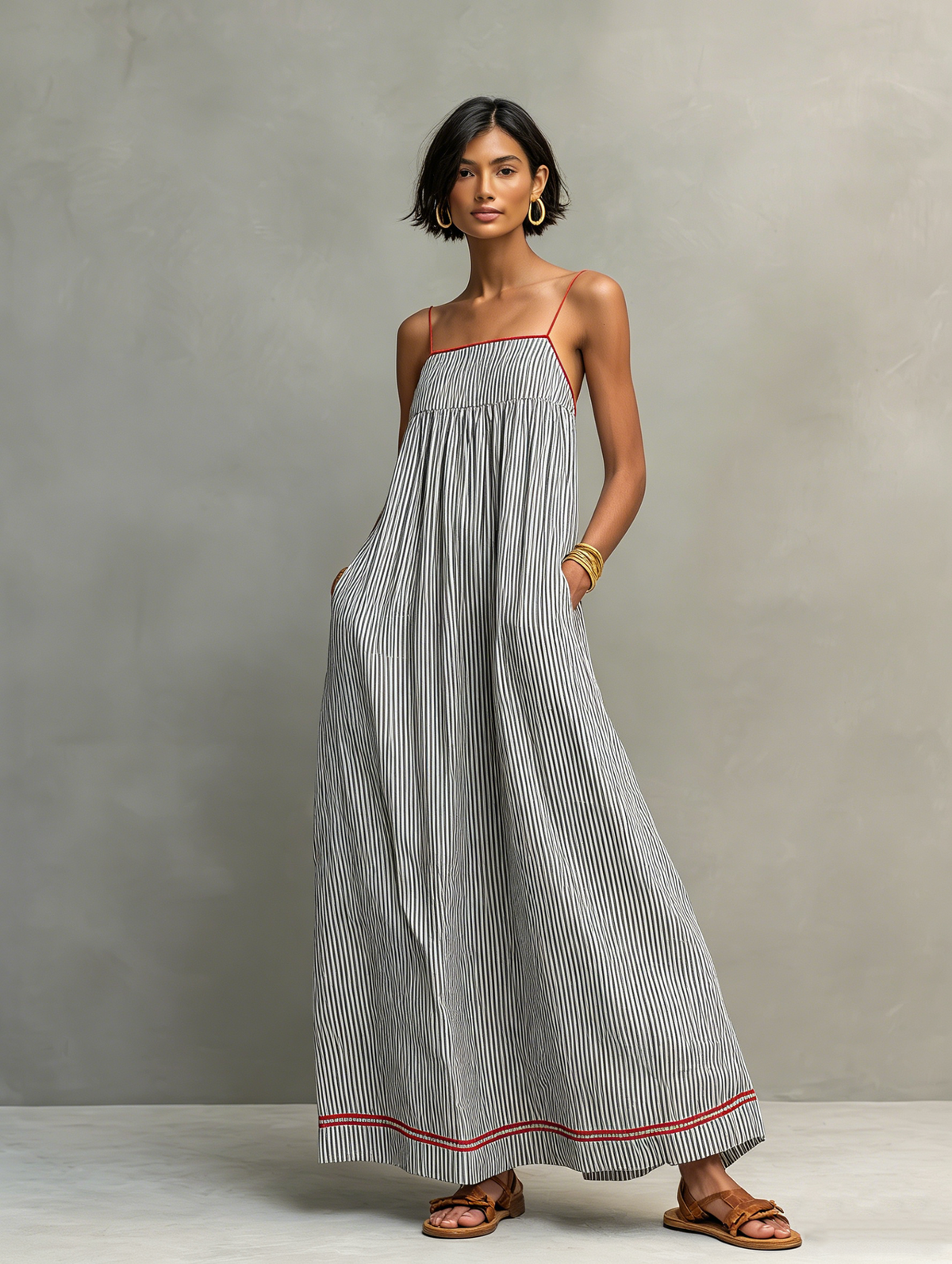 Vestido maxi feminino de riscas com alças finas e detalhe em vermelho