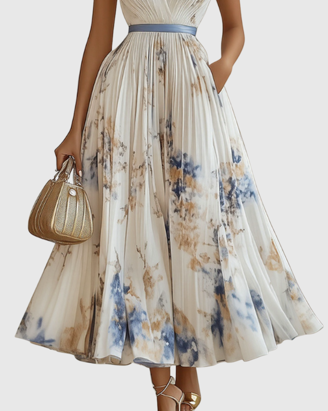 Vestido maxi floral manga longa decote V plissado com laço na cintura feminino