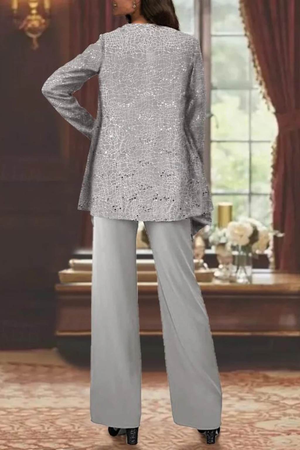 Conjunto feminino 3 peças renda lantejoulas casaco e calça perna larga
