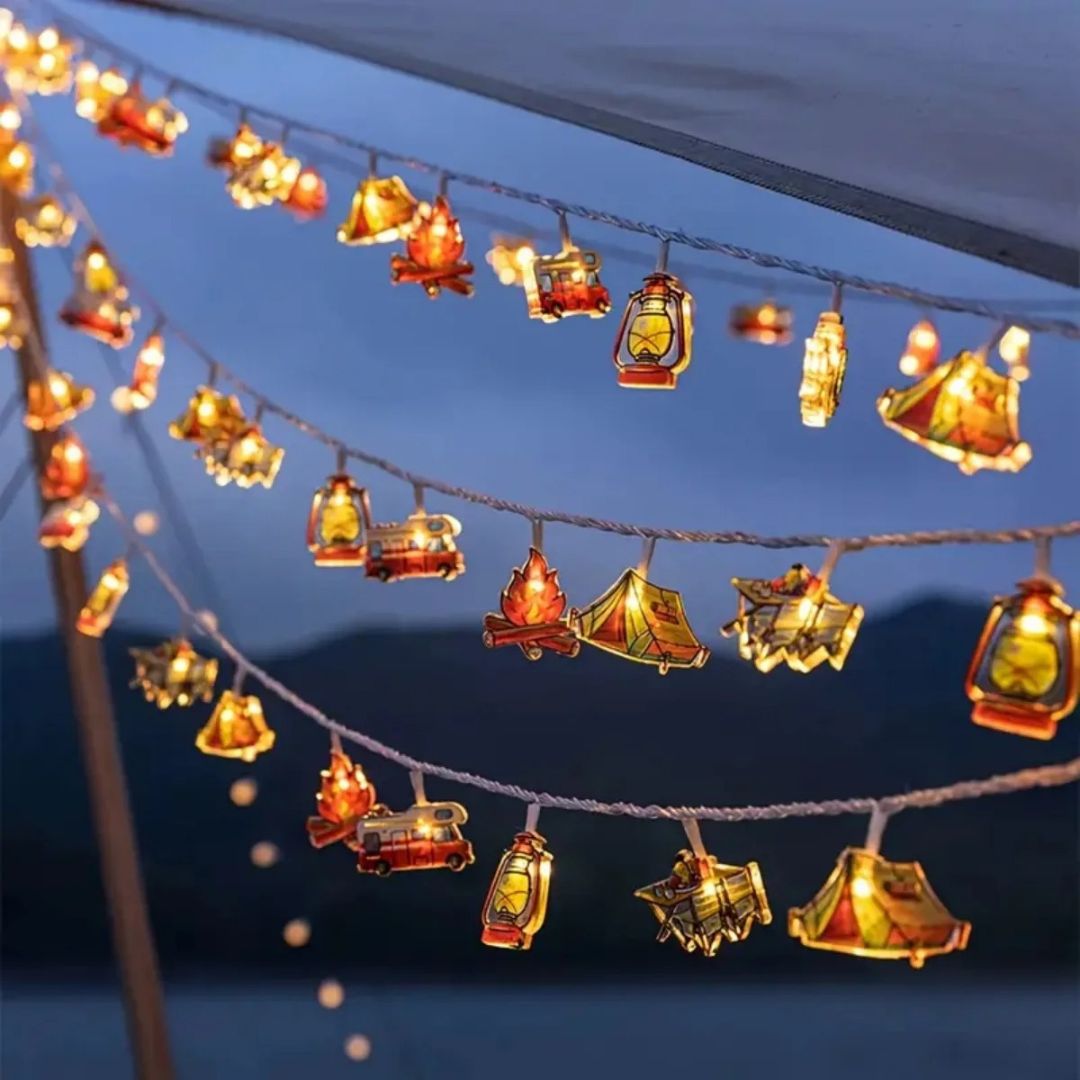 Luzes de camping LED guirlanda decorativa com motivos de tenda e caravana, branco quente