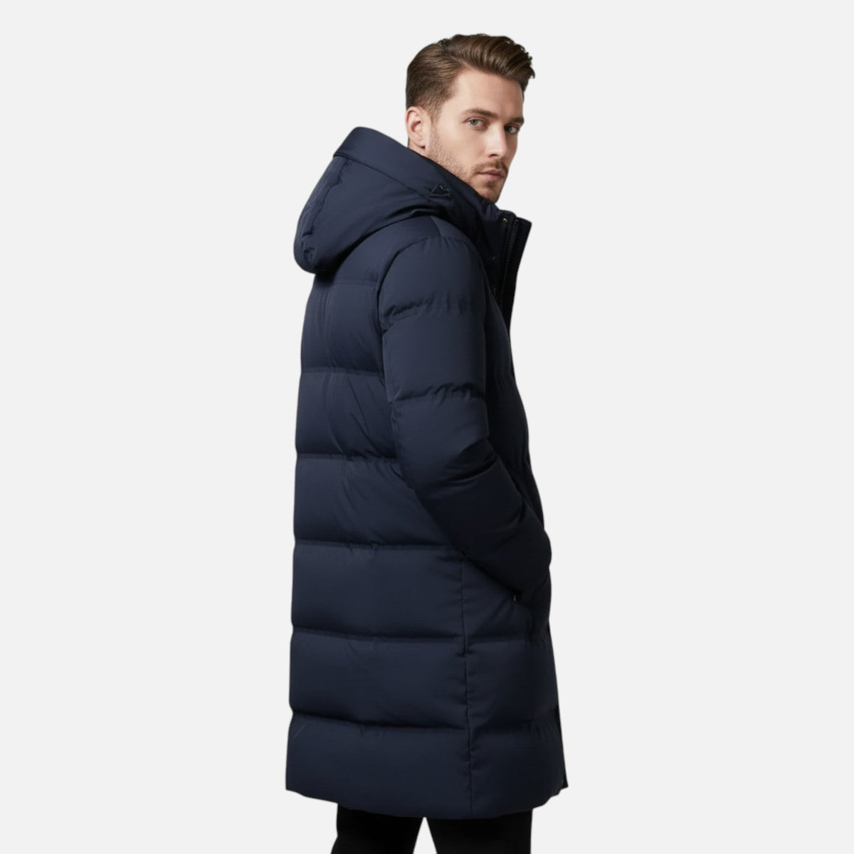 Parka acolchoada longa homem com capuz e fecho zip