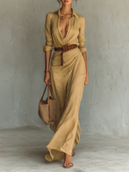 Vestido maxi feminino manga longa colarinho lapela com cinto ajustável