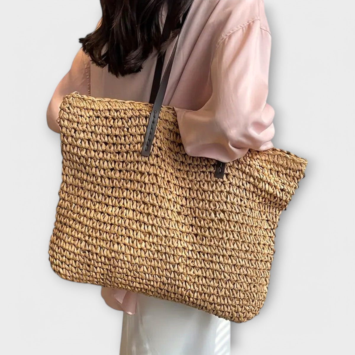 Bolsa de palha trançada feminina de ombro com alça firme