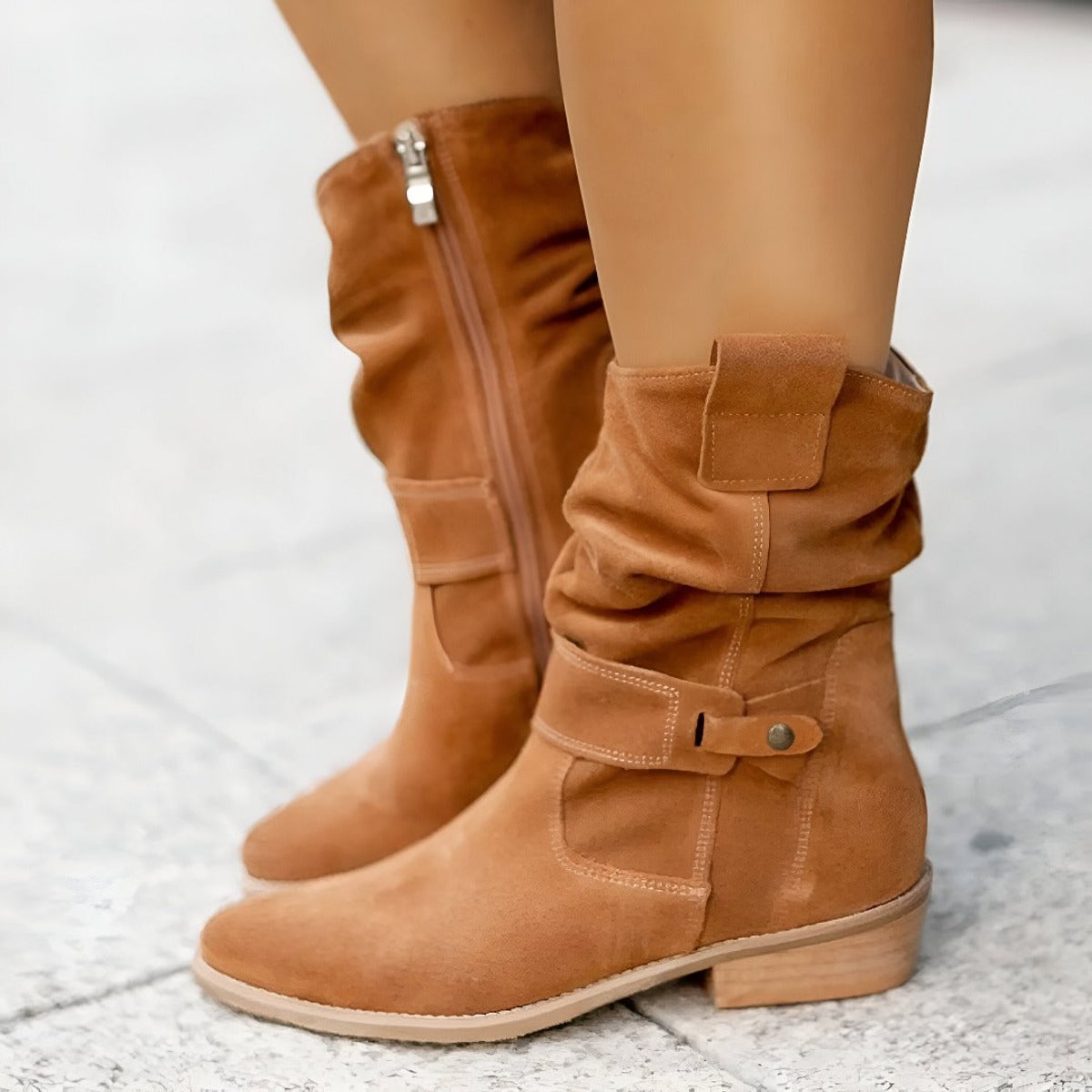 Botas cano alto femininas slouchy camurça sintética com salto bloco e zip lateral