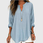 Camisa feminina fluida manga longa gola redonda corte relaxado
