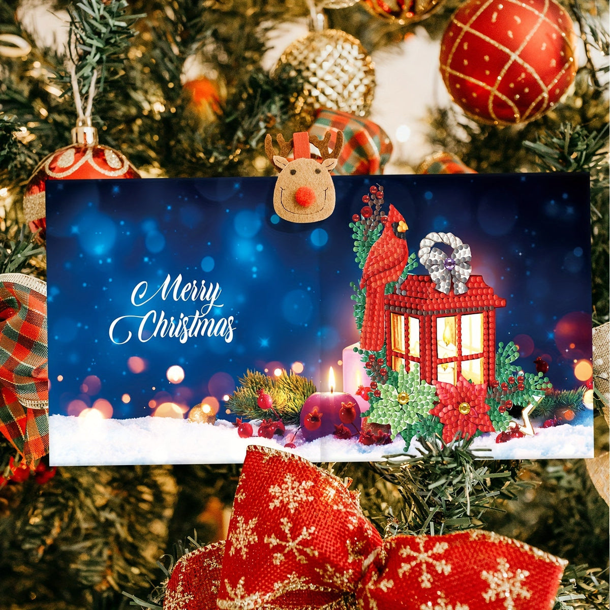 Kit 12 cartões de felicitações diamond painting Natal e Ano Novo com mosaico artesanal colorido