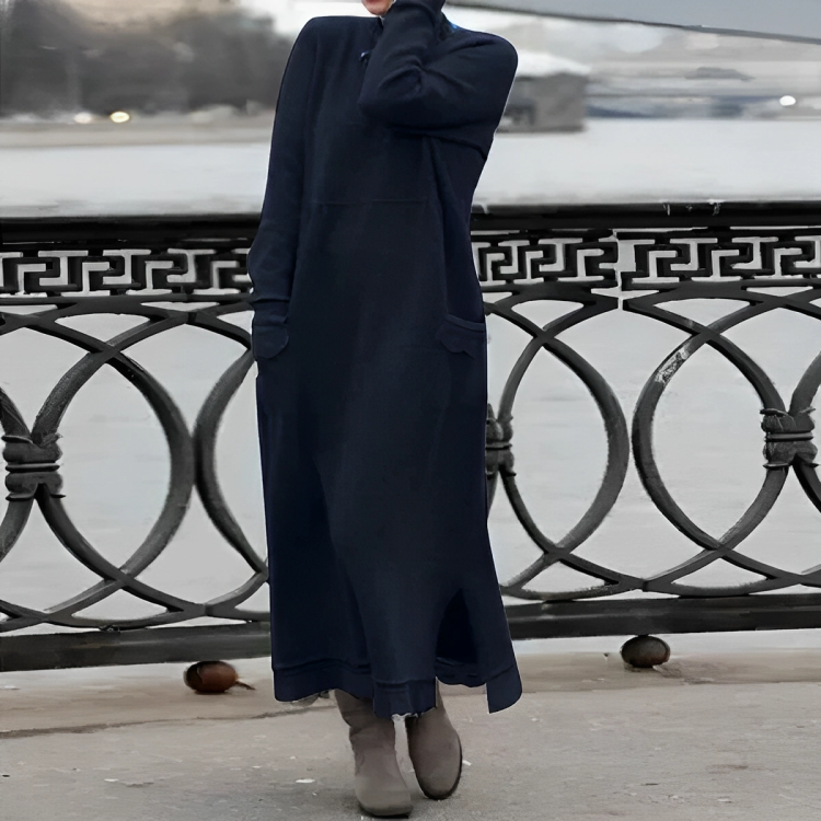 Vestido de inverno feminino malha midi com fenda lateral e bolsos