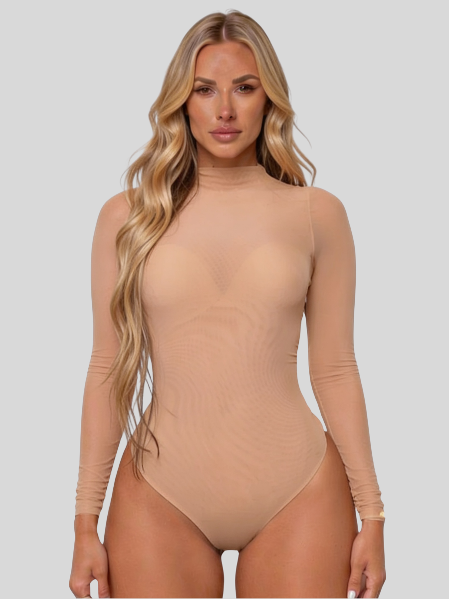 Body feminino em rede transparente com gola alta e manga longa, efeito second-skin nude