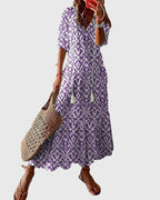 Vestido feminino boho estampado com decote V leve e estampa vintage