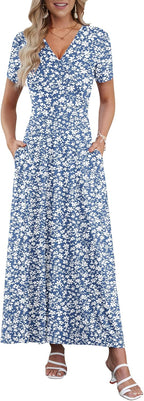 Vestido maxi feminino boho decote V cruzado mangas curtas cintura empire com bolsos