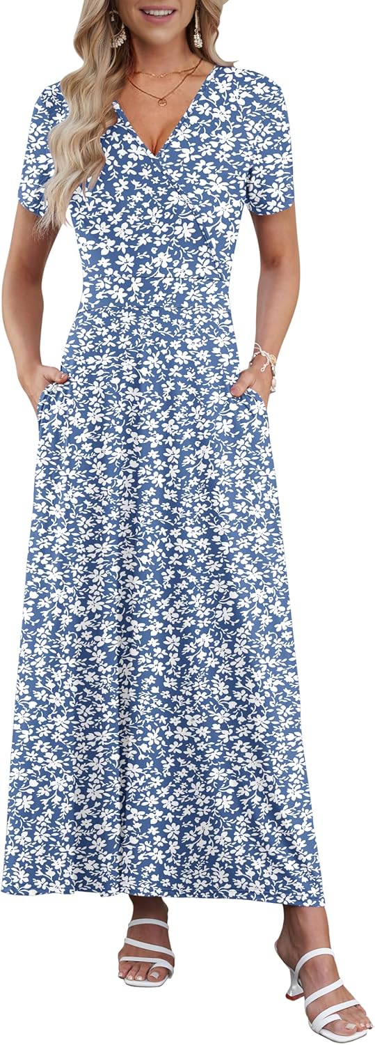 Vestido maxi feminino boho decote V cruzado mangas curtas cintura empire com bolsos
