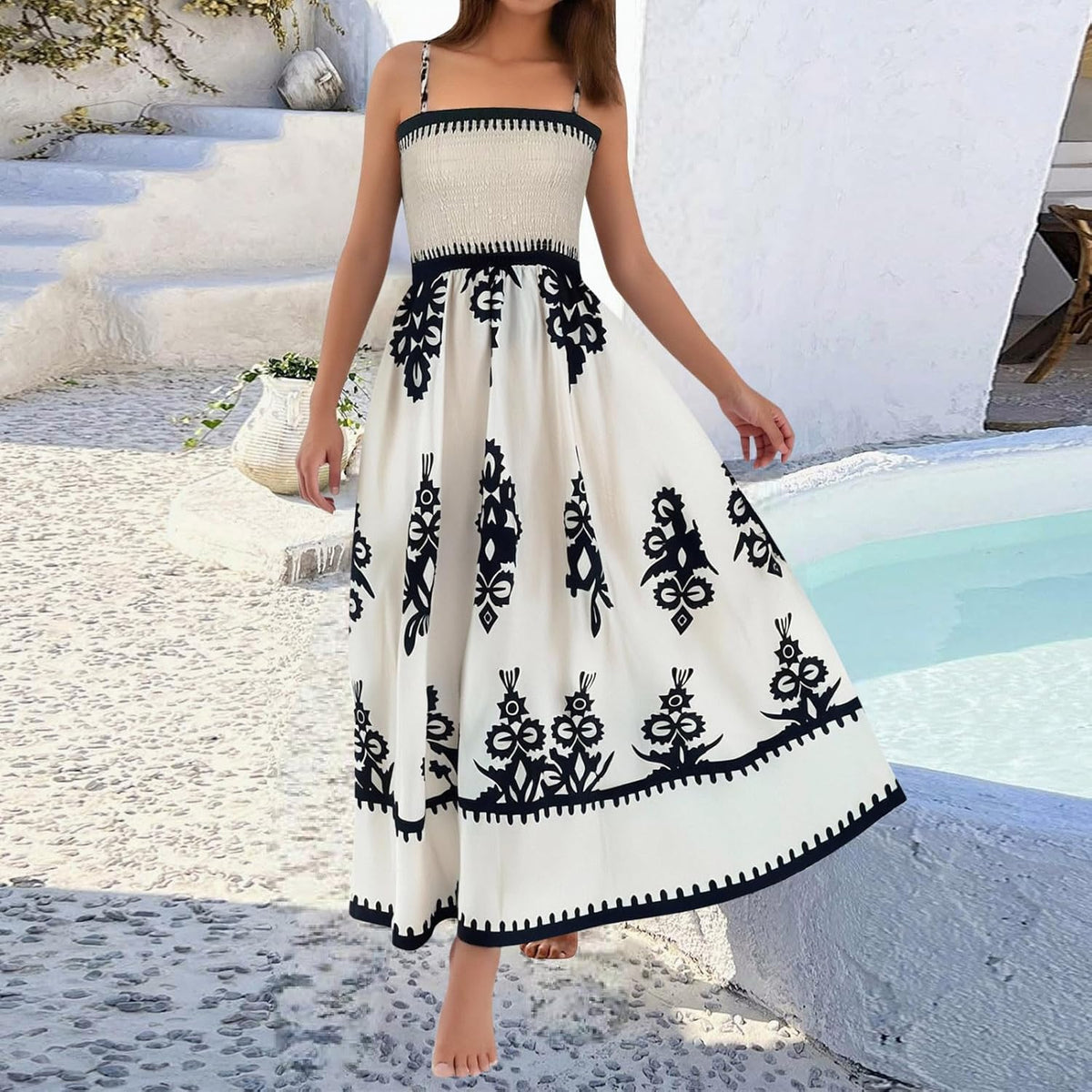 Vestido maxi feminino boho smockado decote quadrado estampado sem mangas