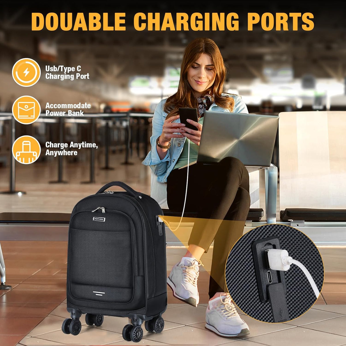 Mochila de rodas 30L com 4 rodas giratórias e compartimento para laptop resistente à água