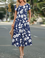 Vestido midi feminino linha A com mangas bufantes e bolsos laterais