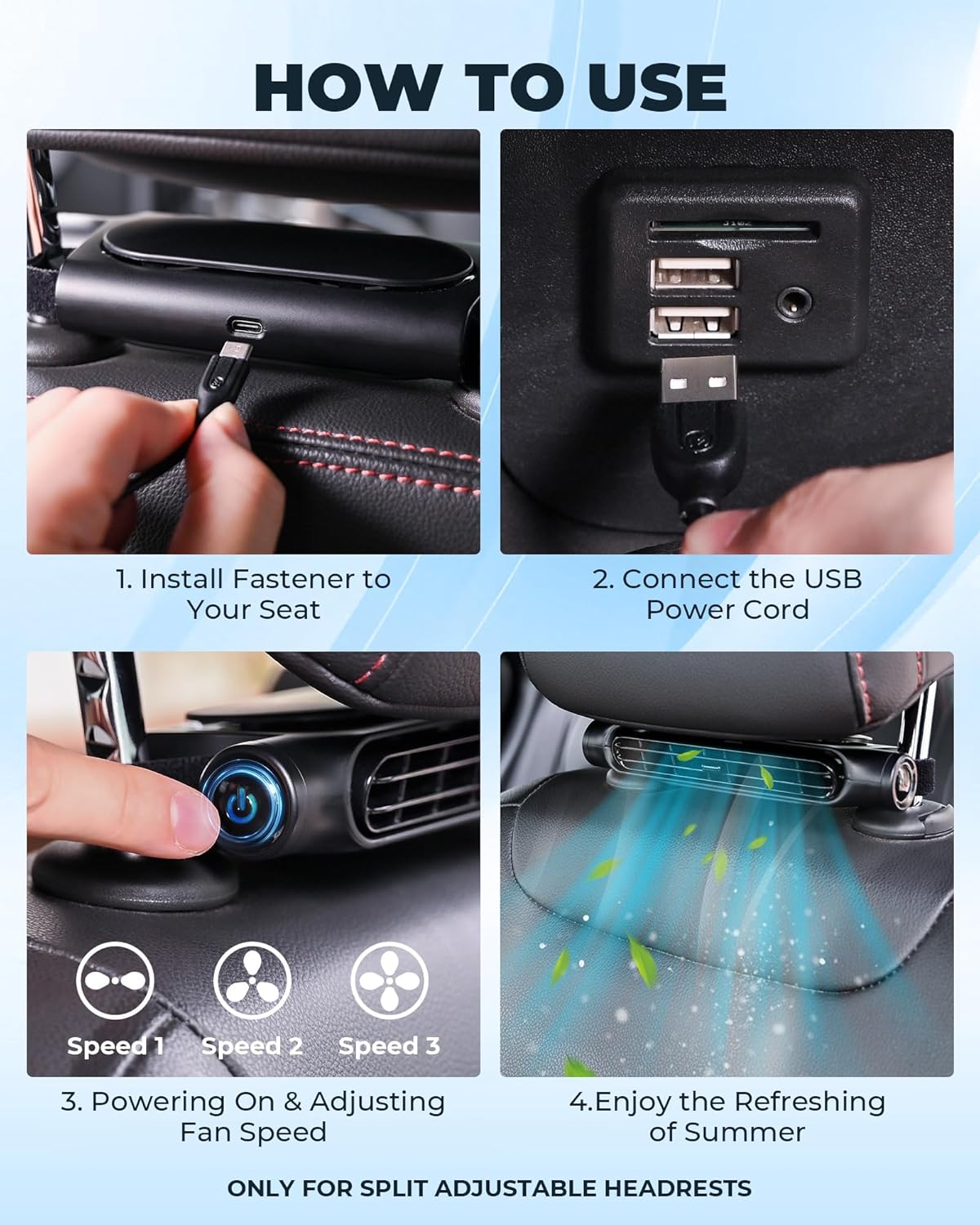 Ventilador USB para carro com suporte encosto de cabeça, 3 velocidades, conjunto 2 unidades