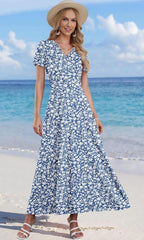 Vestido maxi feminino boho decote V cruzado mangas curtas cintura empire com bolsos