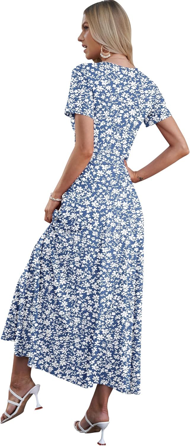 Vestido maxi feminino boho decote V cruzado mangas curtas cintura empire com bolsos