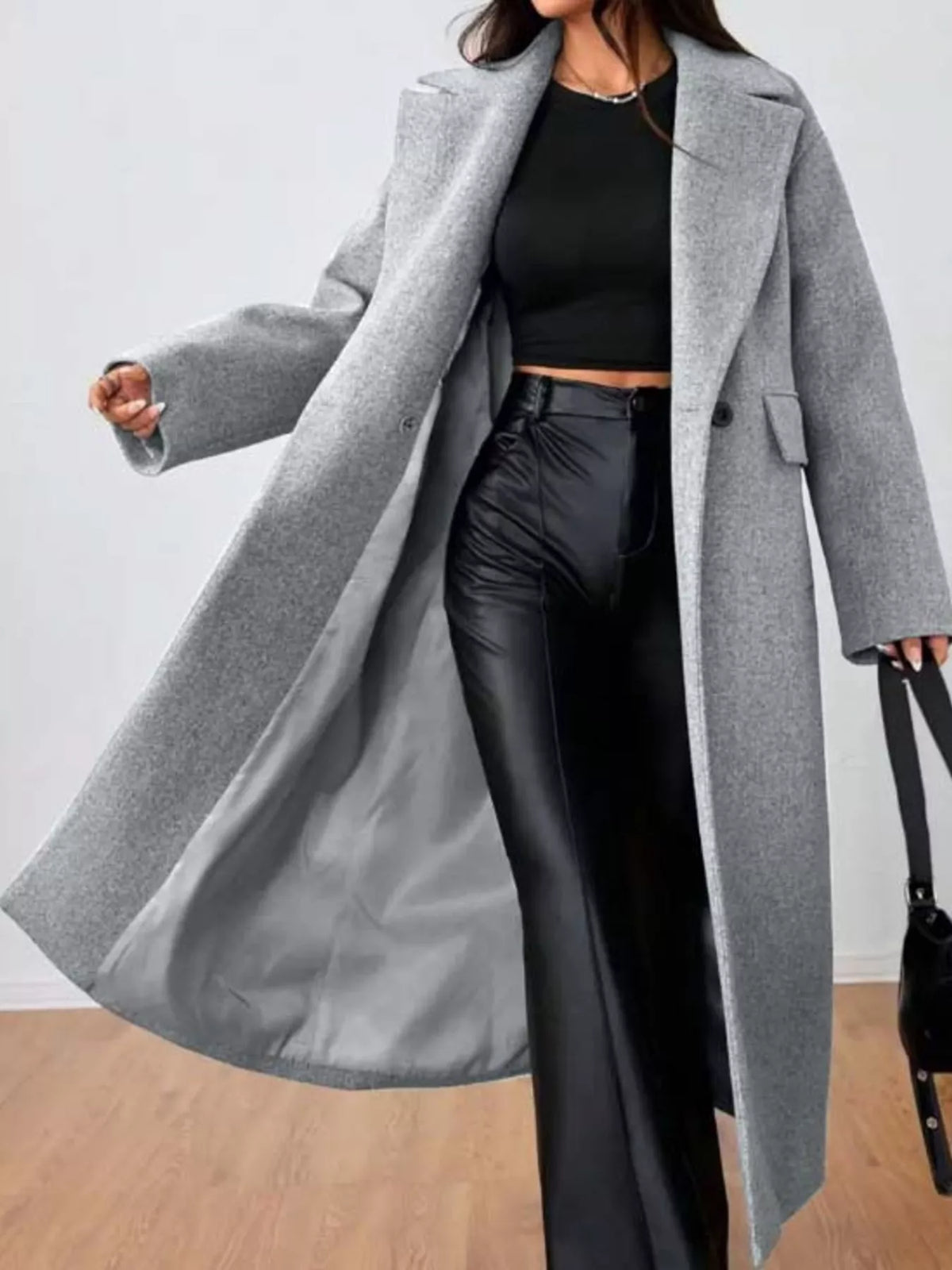 Casaco longo oversized feminino com gola lapela em cinzento
