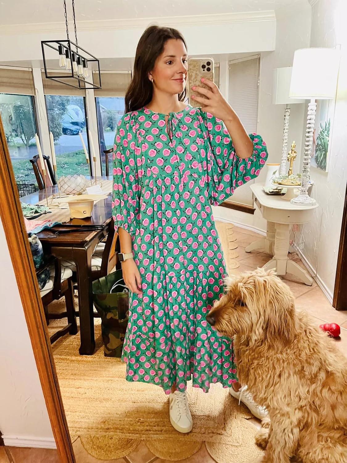 Vestido maxi boho feminino estampado geométrico com decote V e corte fluido