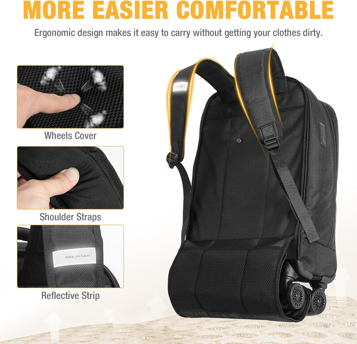 Mochila de rodas 30L com 4 rodas giratórias e compartimento para laptop resistente à água